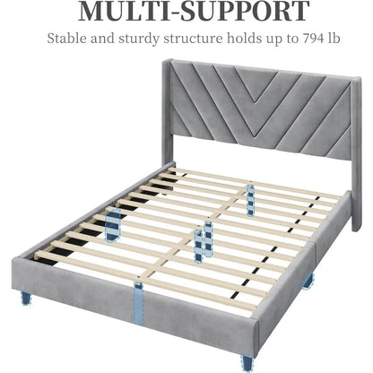 Velvet Upholstered Platform Bed with Wing Side Design – Sturdy, Squeak Resistant Frame, Foam-Padded Headboard, No Box Spring Needed