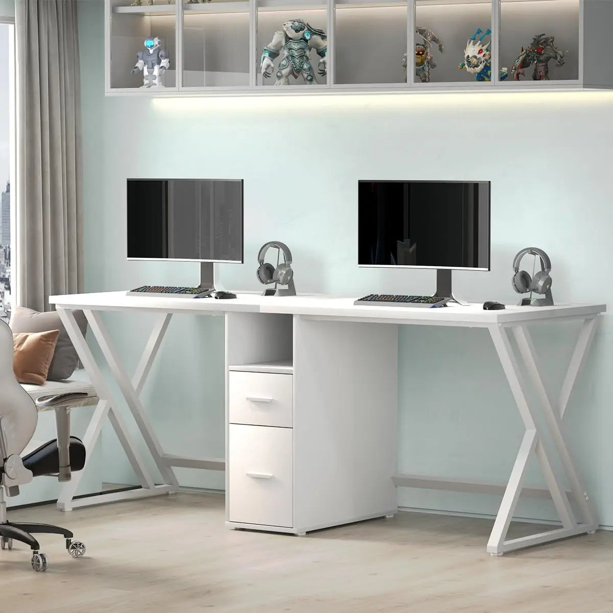 LVB Double Desk - Industrial Style Writing and Computer Desk with Storage