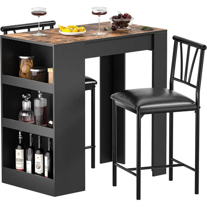 Retro Wooden 3-Piece Dining Table Set with Storage and Padded Bar Stools