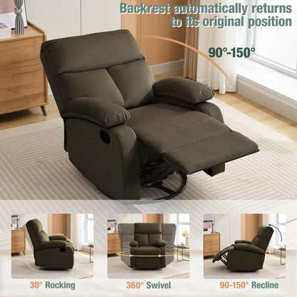 Versatile Swivel Rocker Recliner Chair with Memory Foam Cushion and 360° Swivel, Ideal for Small Spaces, RV, and Nursery