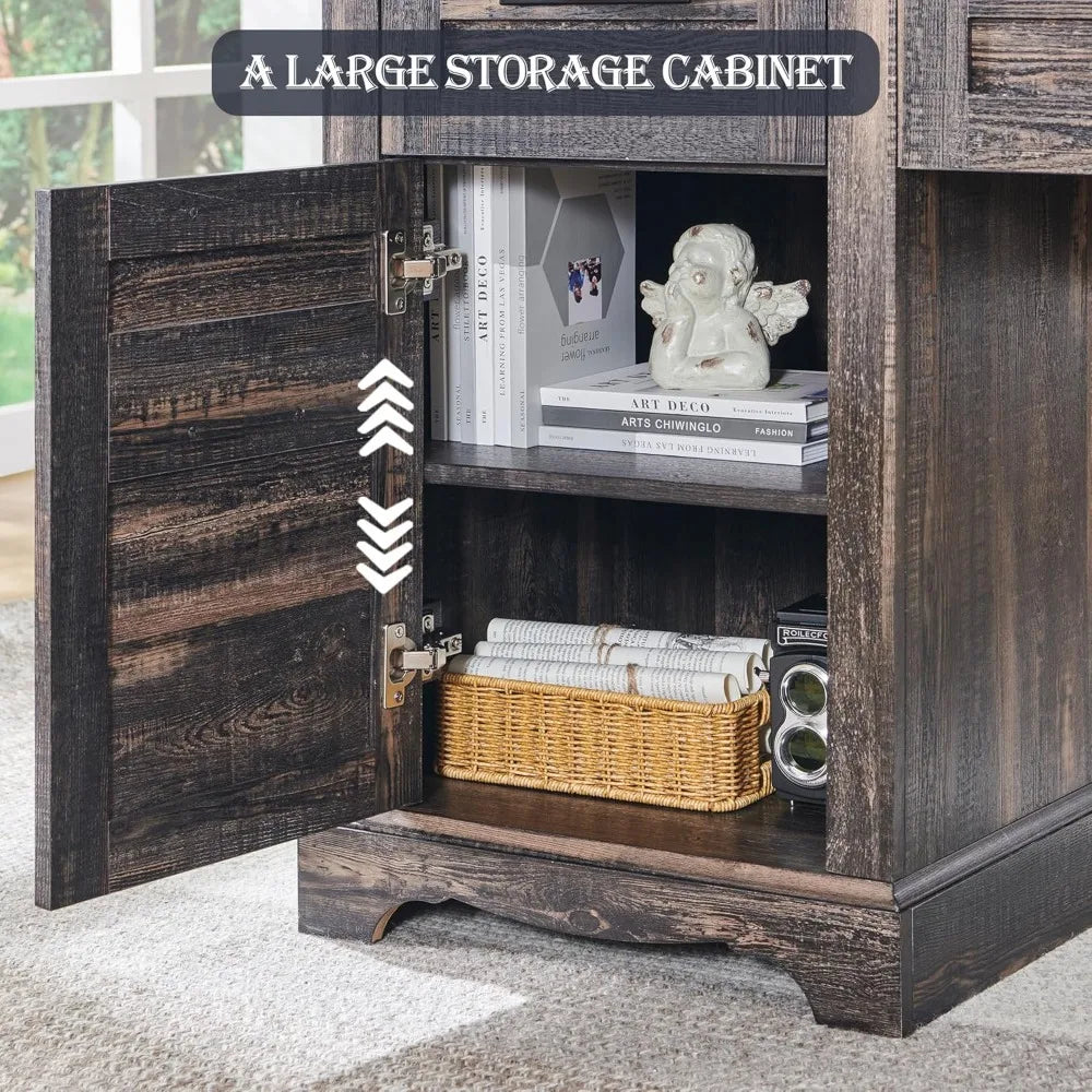 Farmhouse L-Shaped Executive Desk - 60” x 60” Engineered Wood Office Desk with Storage Drawers and File Cabinet