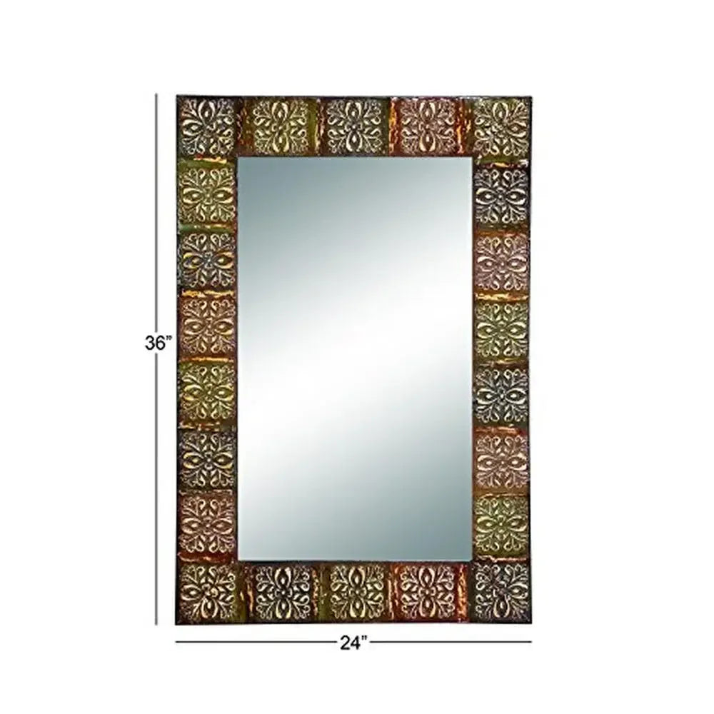 Floral Metal Wall Mirror with Green Blue Red Design 24x36 Inch Reflective Glass Mirror