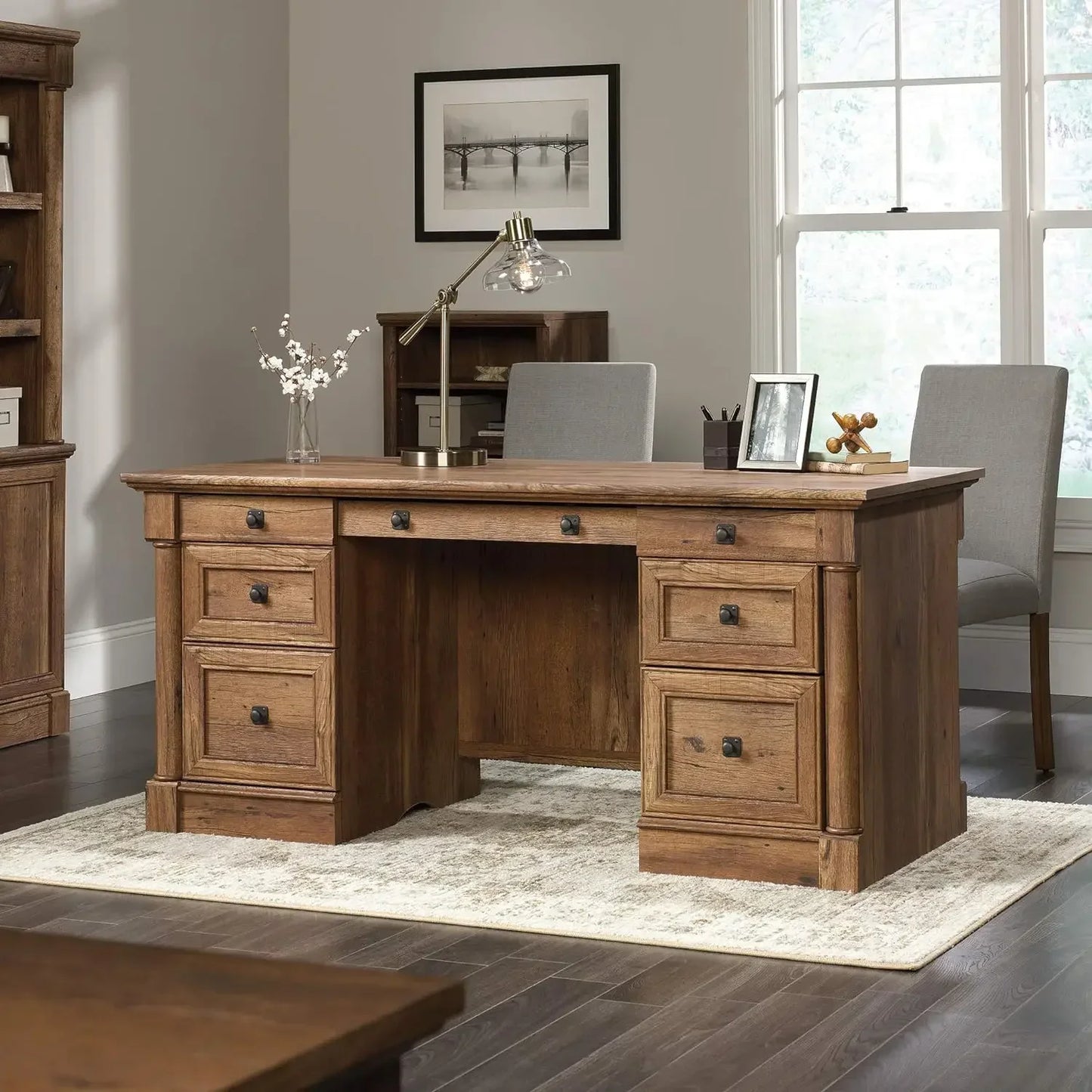 Sauder Palladia Executive Desk - Vintage Oak Finish with Ample Storage