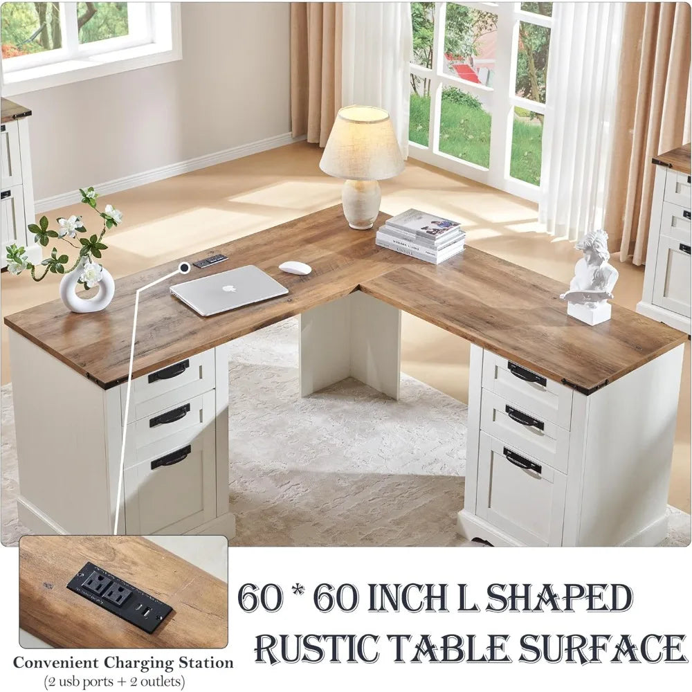Farmhouse L-Shaped Executive Desk - 60” x 60” Engineered Wood Office Desk with Storage Drawers and File Cabinet