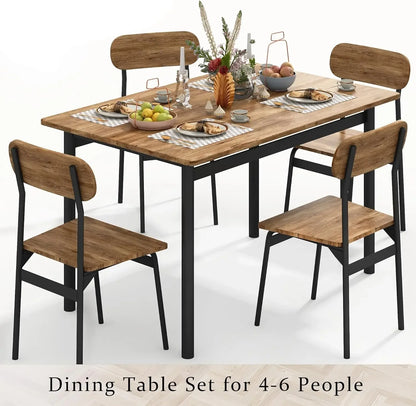 Kitchen Dining Table Set for 4, Modern Rectangular 5 Piece Dining Room Table and Chairs Set, Brown wooden Metal Table Set