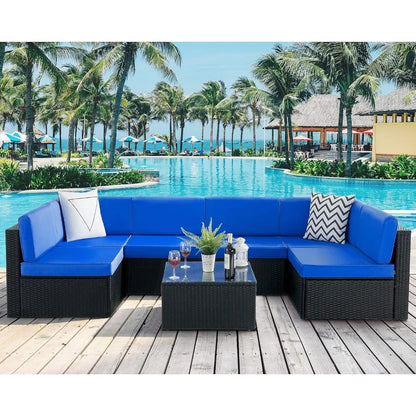 7-Piece Outdoor Patio Furniture Set – PE Rattan Sofa Set with Glass-Top Coffee Table, Cushioned Seating for 6+