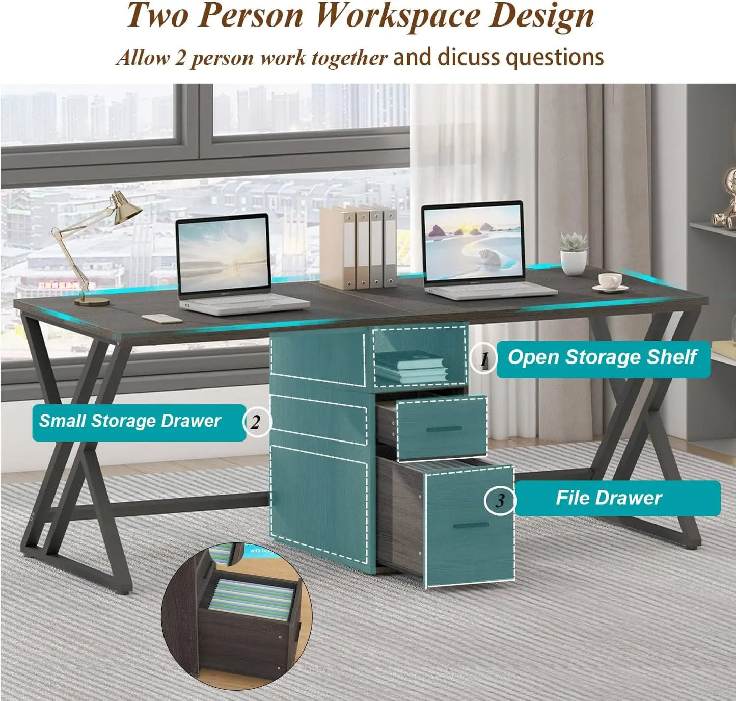 LVB Double Desk - Industrial Style Writing and Computer Desk with Storage