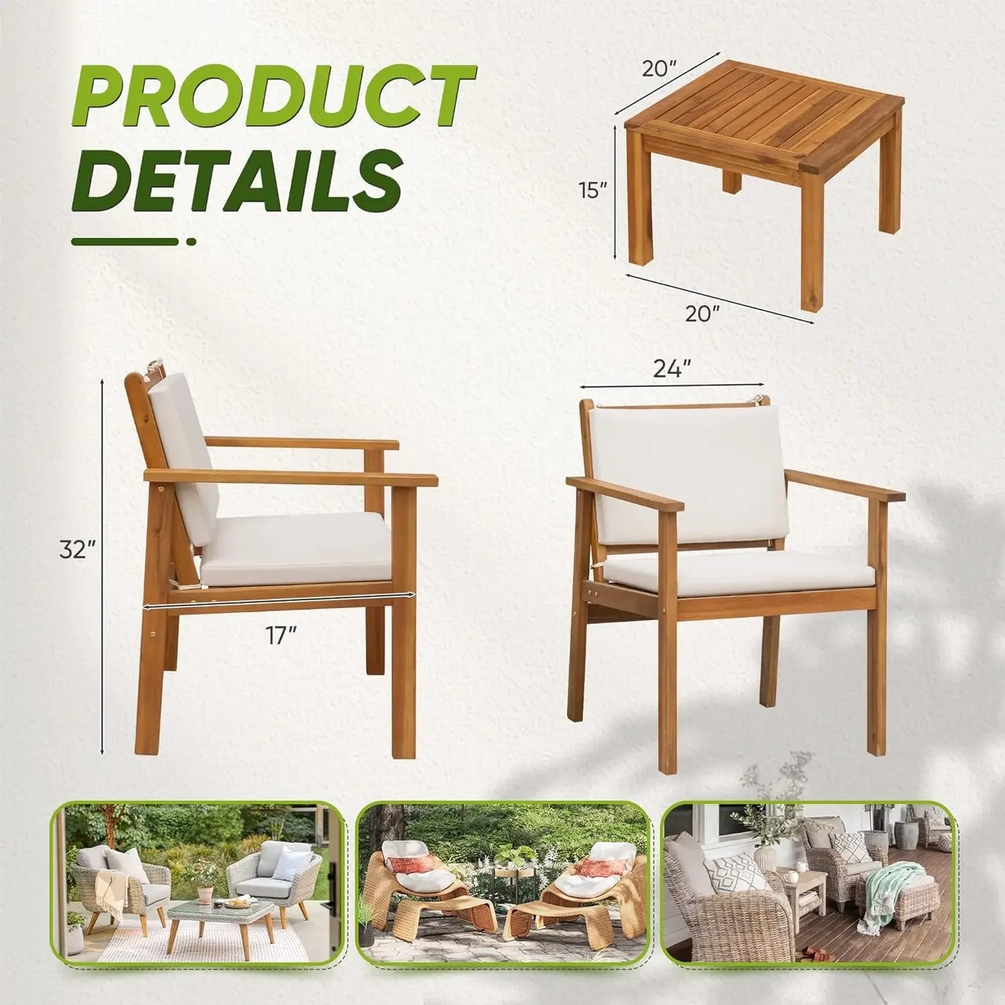 Natural Acacia Wood 3-Piece Patio Set - Outdoor Furniture for 2