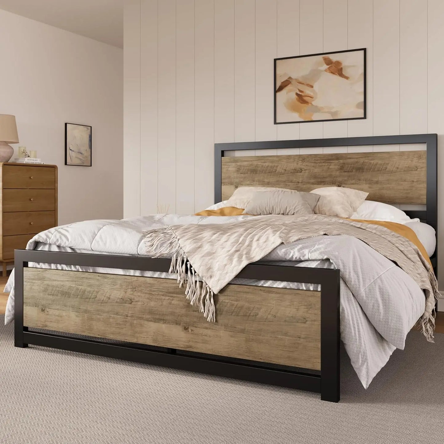 Modern Queen Bed Frame - Sturdy Metal and Wood Construction, No Box Spring Needed