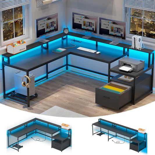 Modern L-Shaped Office Desk with LED Lights, Storage Shelves, File Drawer & Power Outlet (Black)