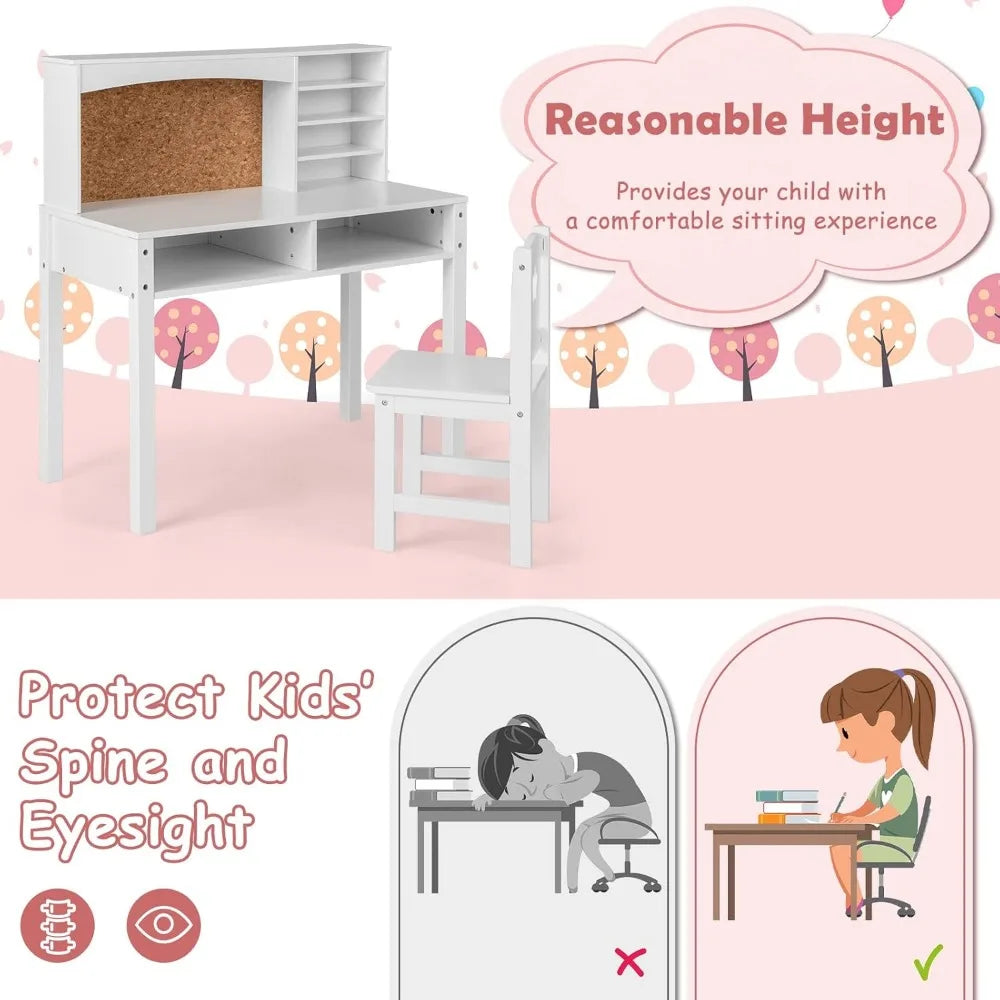 Kids' Study Desk and Chair Set with Cork Bulletin Board - Spacious and Sturdy Design