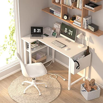 Modern L-Shaped Computer Desk with Built-in Power Strip and Storage Shelves – Wooden