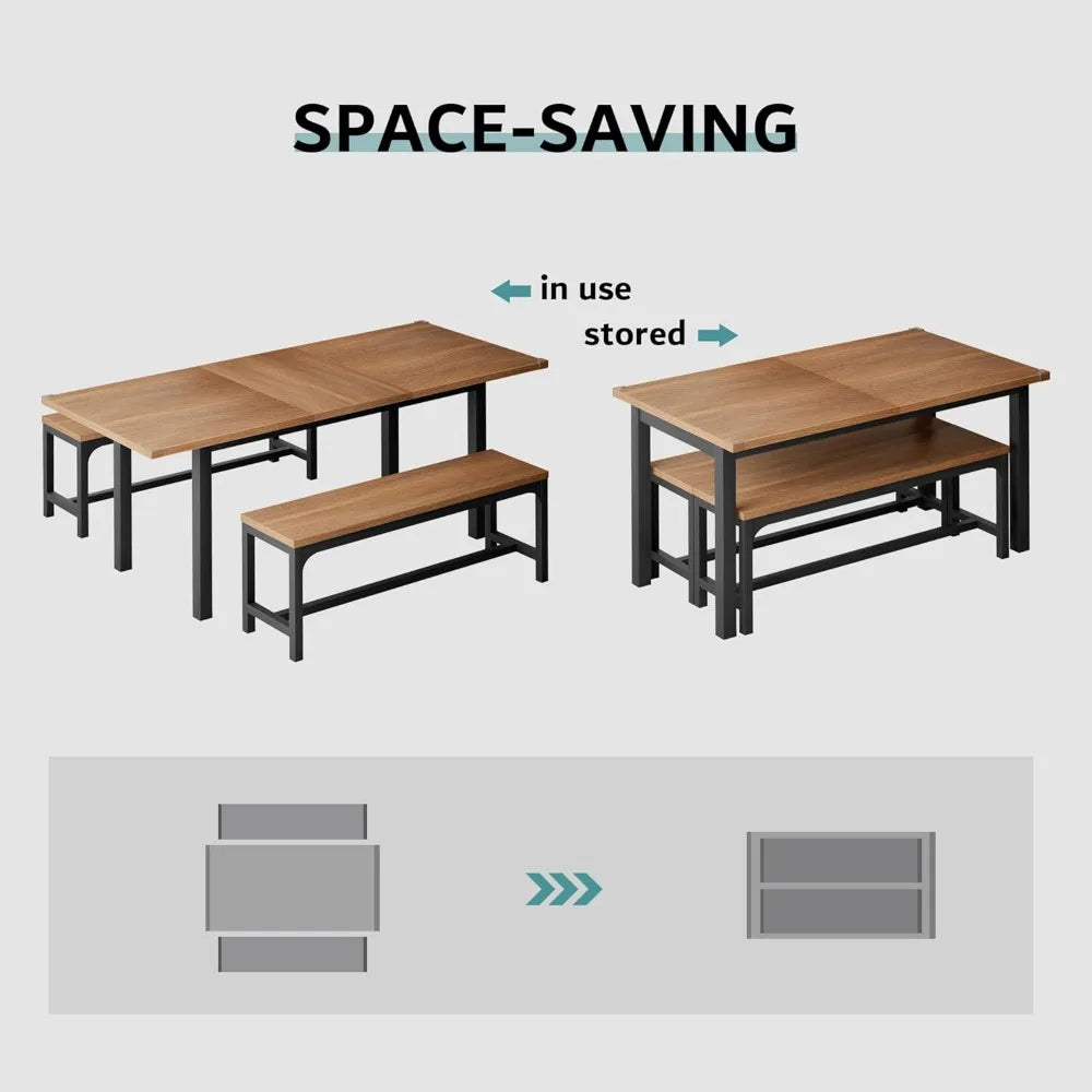 3 Piece 63 Inch Dining Table for 4-6 People, Expandable Dining Table with 2 Benches, Mid Century Modern Kitchen Table Set