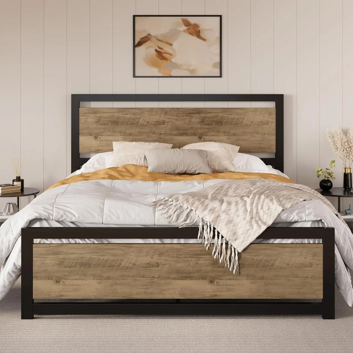 Modern Queen Bed Frame - Sturdy Metal and Wood Construction, No Box Spring Needed