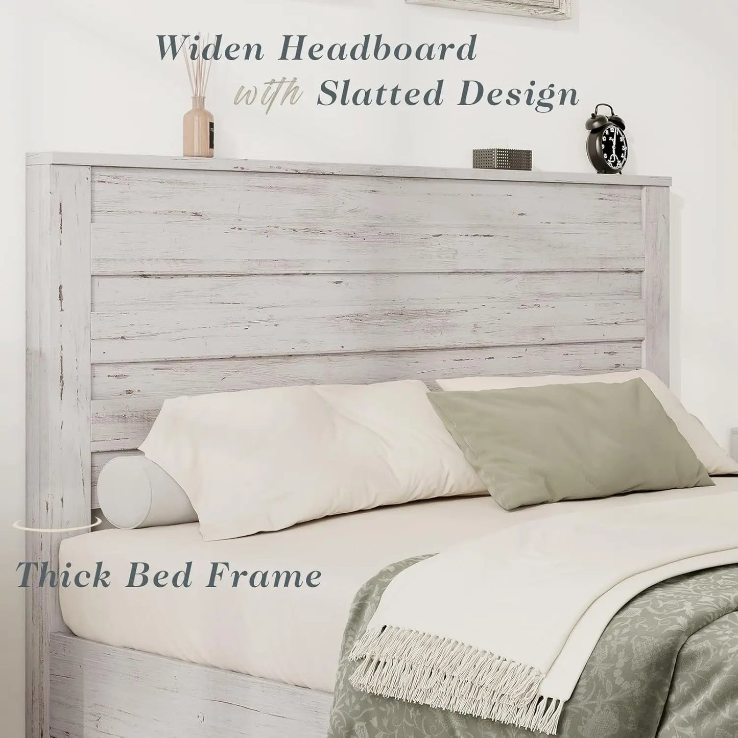 Vintage Farmhouse Bed Frame - Sturdy Platform Design with No Box Spring Needed