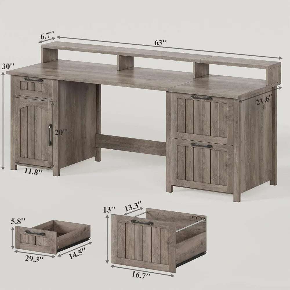 Executive Computer Desk with Drawers and Monitor Stand, Farmhouse Style - 63" Rectangular Engineered Wood Desk for Home Office