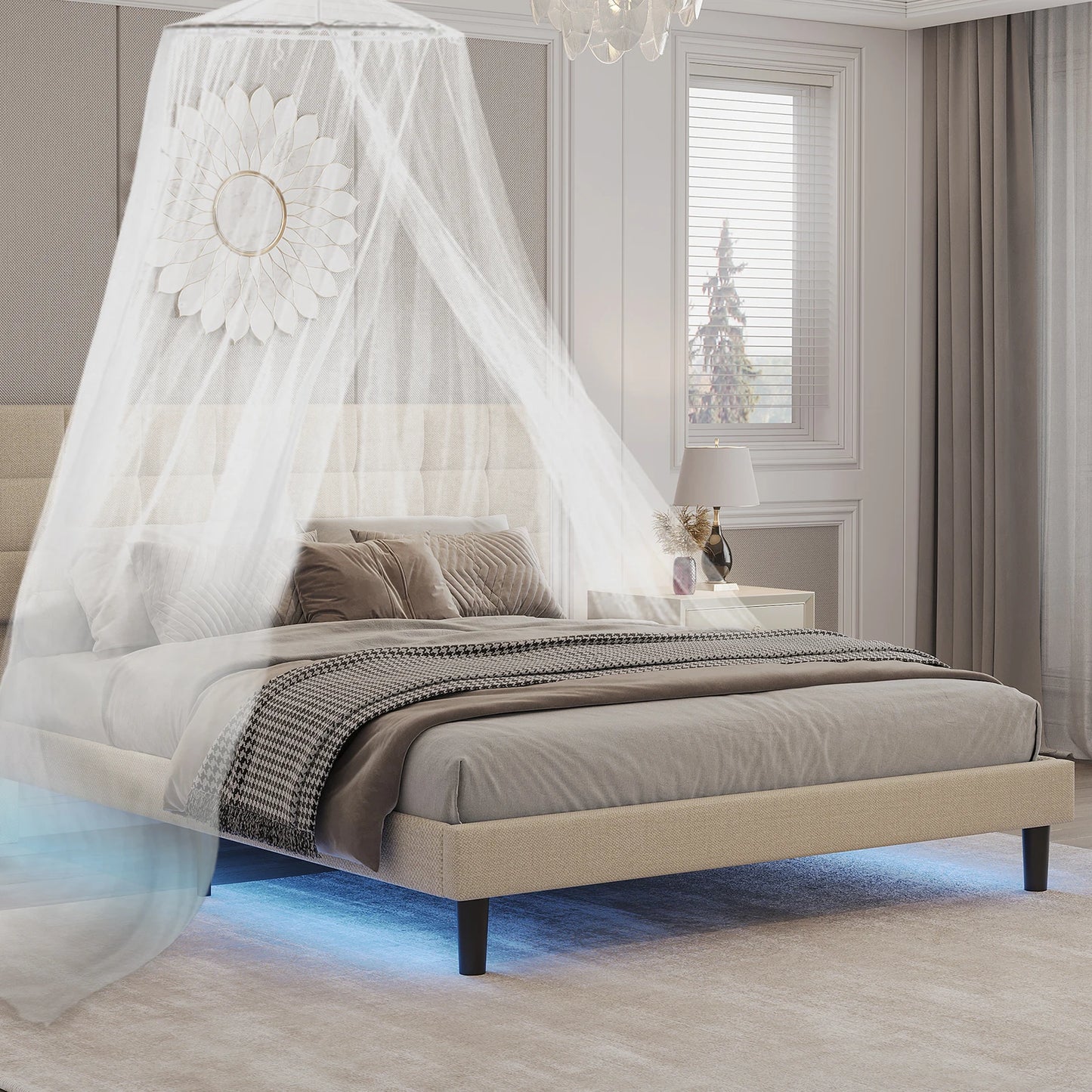 Queen Size Upholstered Platform Bed Frame with RGB Lights - Adjustable Headboard & Strong Slats System