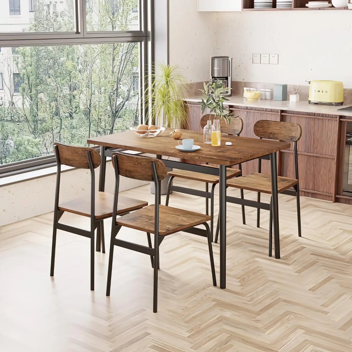 Kitchen Dining Table Set for 4, Modern Rectangular 5 Piece Dining Room Table and Chairs Set, Brown wooden Metal Table Set