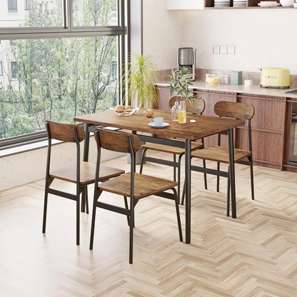 Kitchen Dining Table Set for 4, Modern Rectangular 5 Piece Dining Room Table and Chairs Set, Brown wooden Metal Table Set