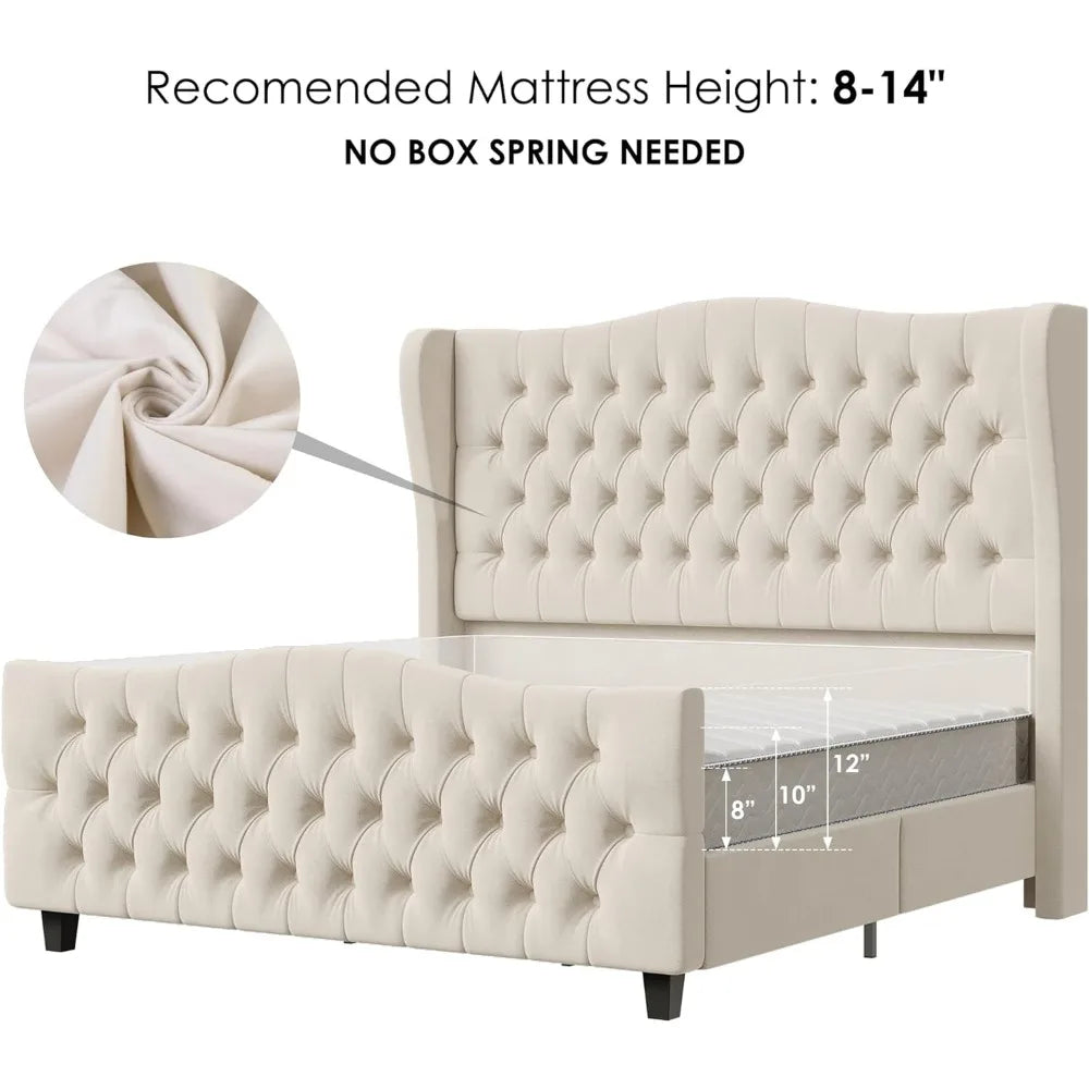 Velvet Upholstered Bed Frame with Wingback Headboard - Available in Full, Queen, and King Sizes