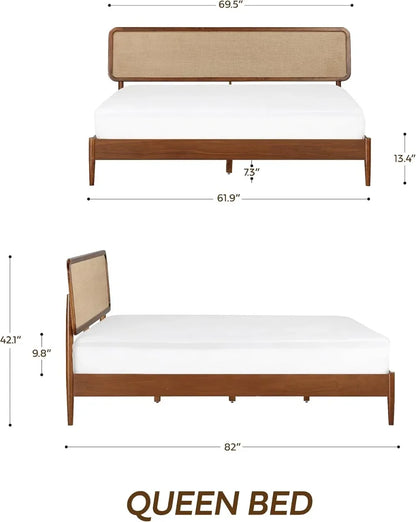 Wooden Bed Frame with Headboard, Crafted from Walnut, Rubber Wood with Silent Slats and Wood Central Supports, 1000 Lb Capacity