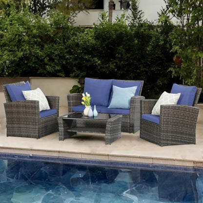 4-Piece Patio Furniture Set – PE Rattan Outdoor Sectional with Loveseat, Armchairs, and Coffee Table, Modern Design for Garden or Balcony