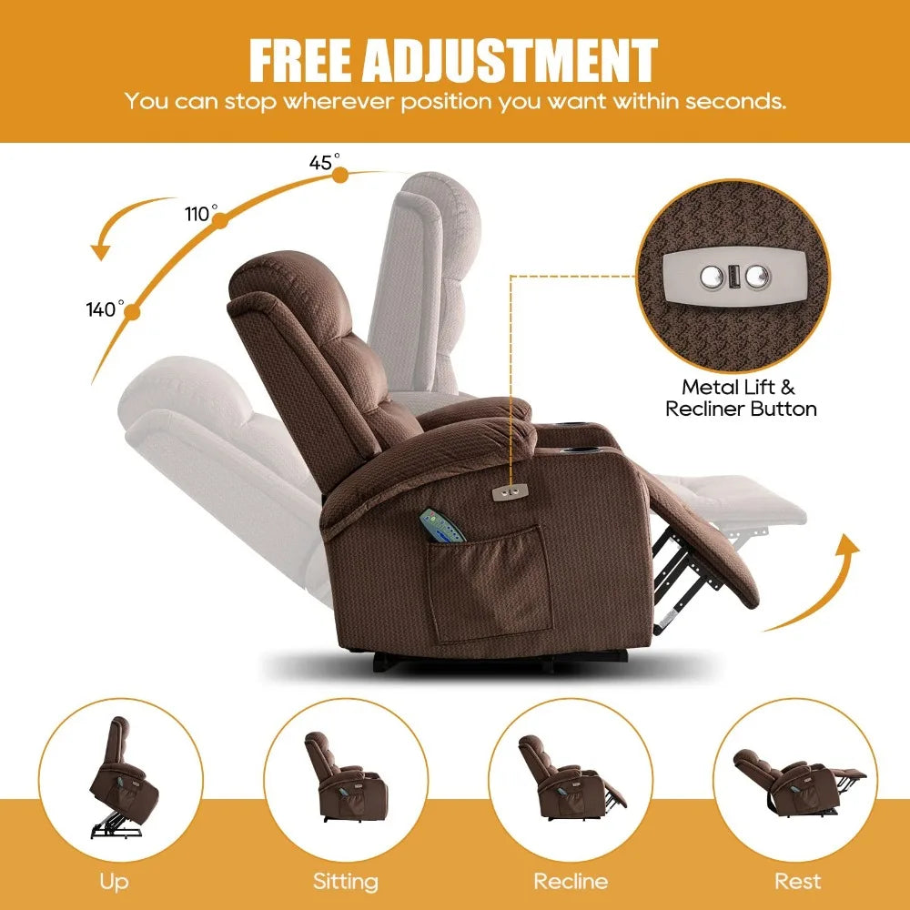 Electric Power Lift Recliner Chair with Full-Body Vibration and Heating for Elderly, USB Charging, Massage Functions, and Cup Holders