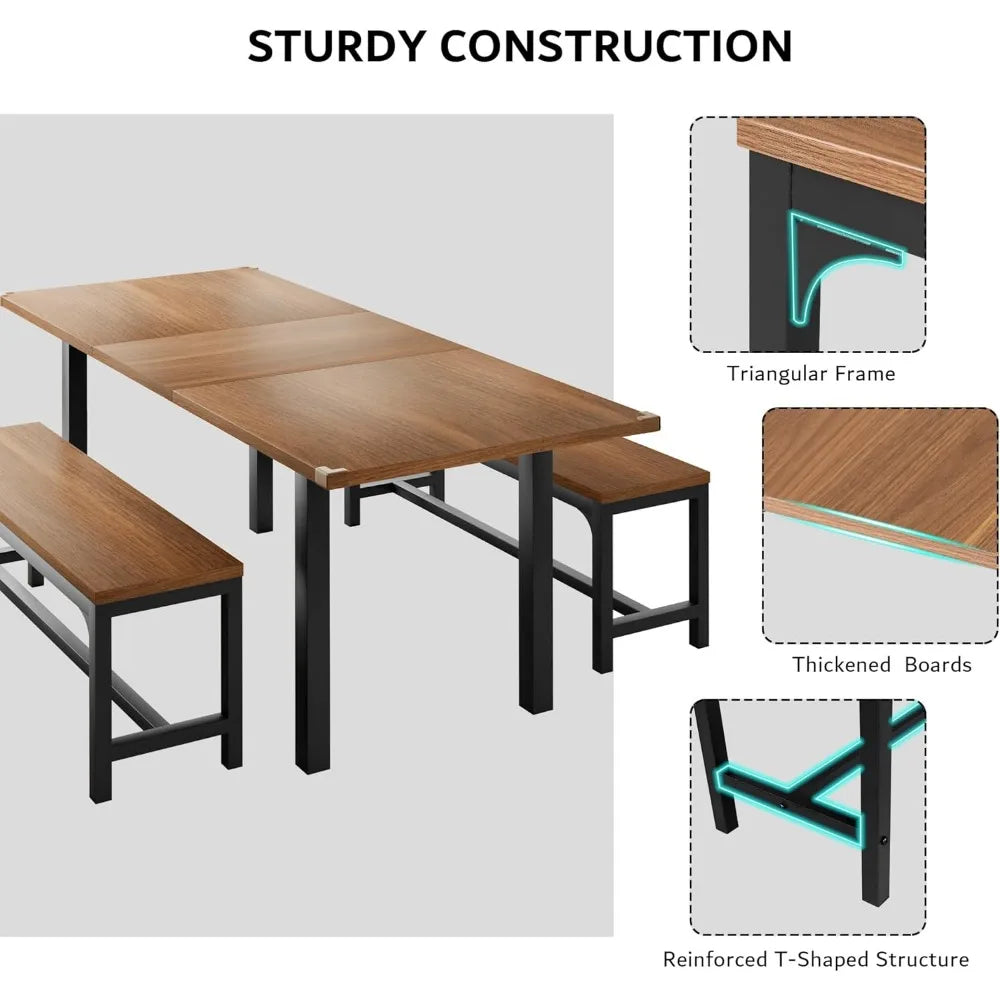 3 Piece 63 Inch Dining Table for 4-6 People, Expandable Dining Table with 2 Benches, Mid Century Modern Kitchen Table Set