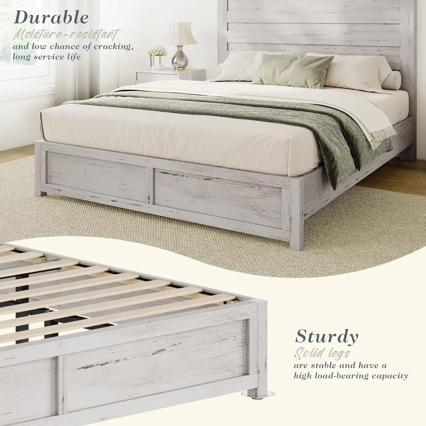 Vintage Farmhouse Bed Frame - Sturdy Platform Design with No Box Spring Needed