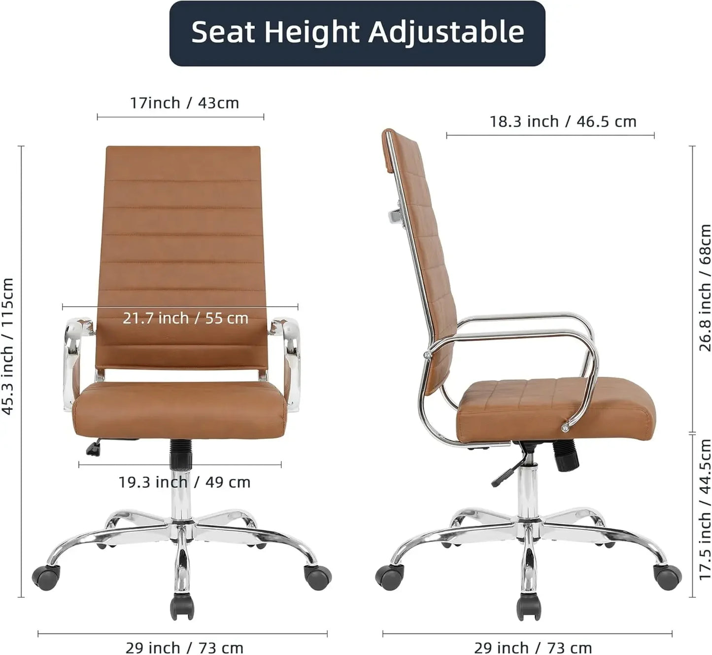 High Back Executive Office Chair with Adjustable Height, Ribbed Faux Leather, and Soft Padded Armrests – Chrome Brown