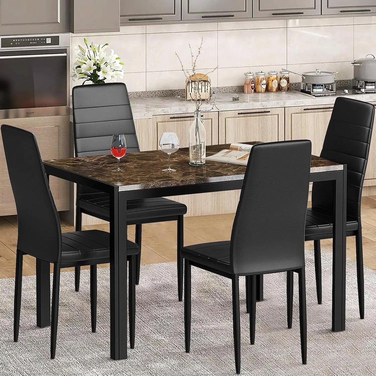 7-Piece Modern Dining Table Set – Rectangular Faux Marble Table with 4 PU Leather Chairs, Space-Saving Design