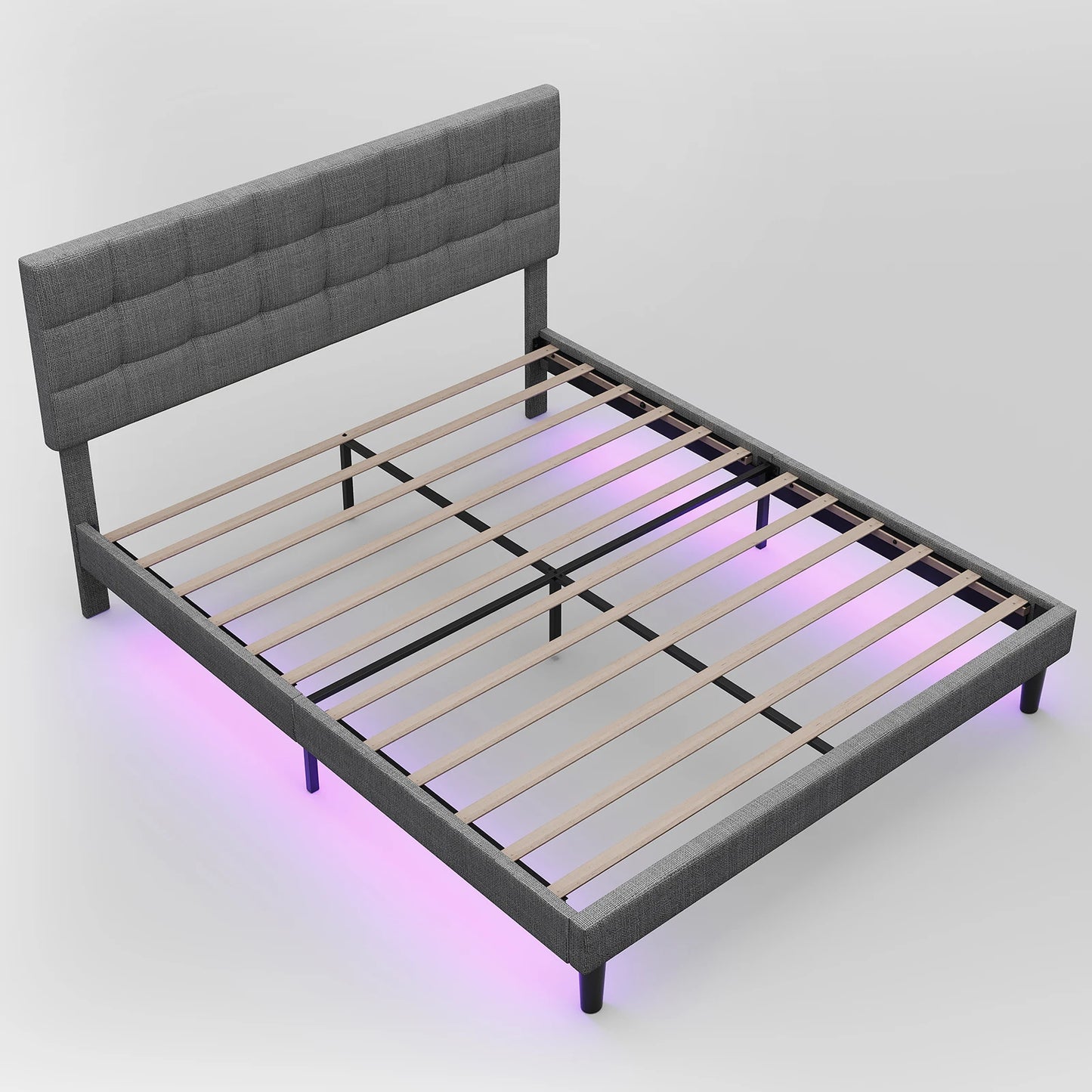 Queen Size Upholstered Platform Bed Frame with RGB Lights - Adjustable Headboard & Strong Slats System