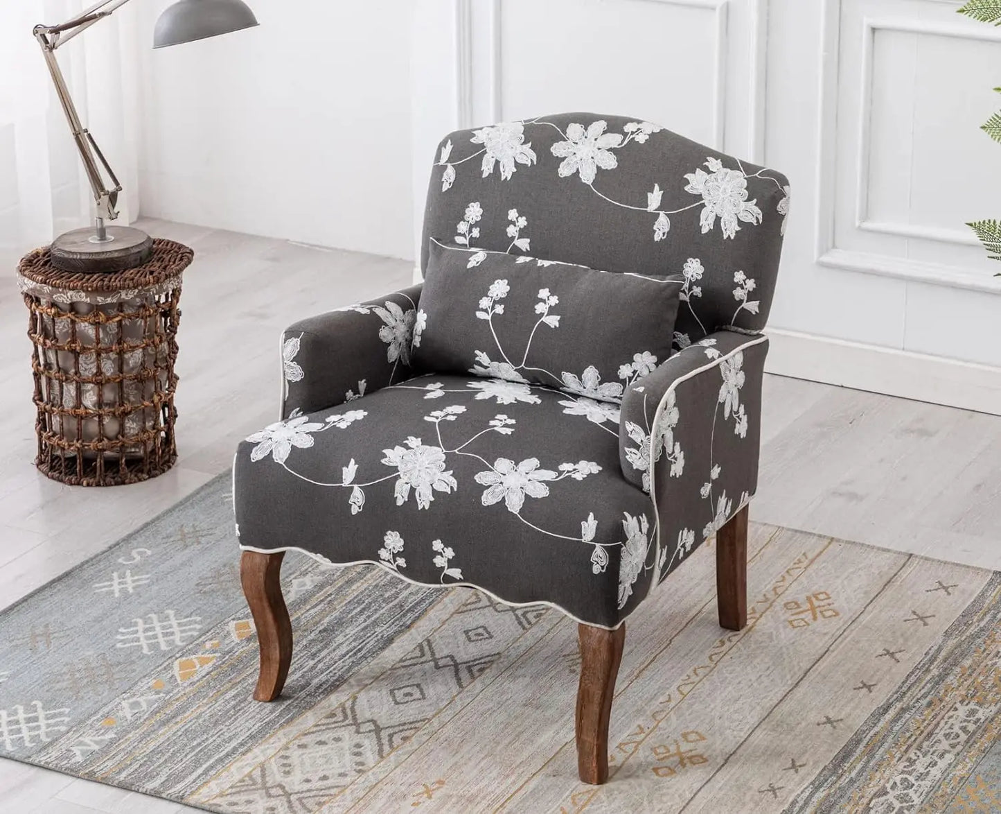 Elegant Modern Armchair with Embroidered Design and Lumbar Support Pillow, 300 lbs Capacity