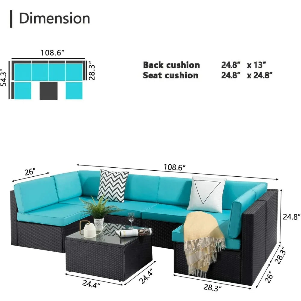 7-Piece Outdoor Patio Furniture Set – PE Rattan Sofa Set with Glass-Top Coffee Table, Cushioned Seating for 6+