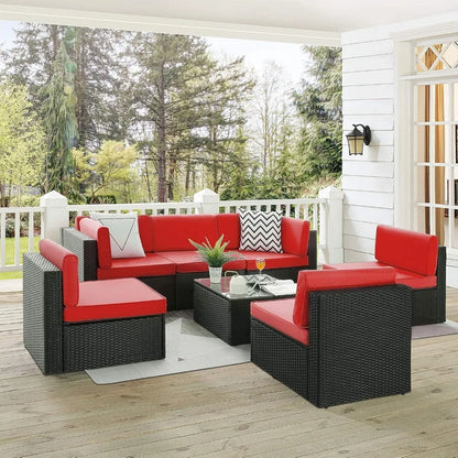 7-Piece Outdoor Patio Furniture Set – PE Rattan Sofa Set with Glass-Top Coffee Table, Cushioned Seating for 6+