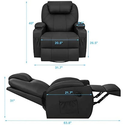 Dark Black Leather Recliner with Cup Holders, Swivel, and Massage Function