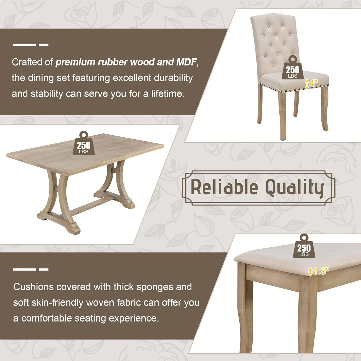Farmhouse 6-Piece Dining Room Set – Rectangular Trestle Table, 4 Upholstered Chairs & Bench, Kitchen Furniture Set