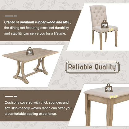 Farmhouse 6-Piece Dining Room Set – Rectangular Trestle Table, 4 Upholstered Chairs & Bench, Kitchen Furniture Set