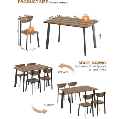 Kitchen Dining Table Set for 4, Modern Rectangular 5 Piece Dining Room Table and Chairs Set, Brown wooden Metal Table Set
