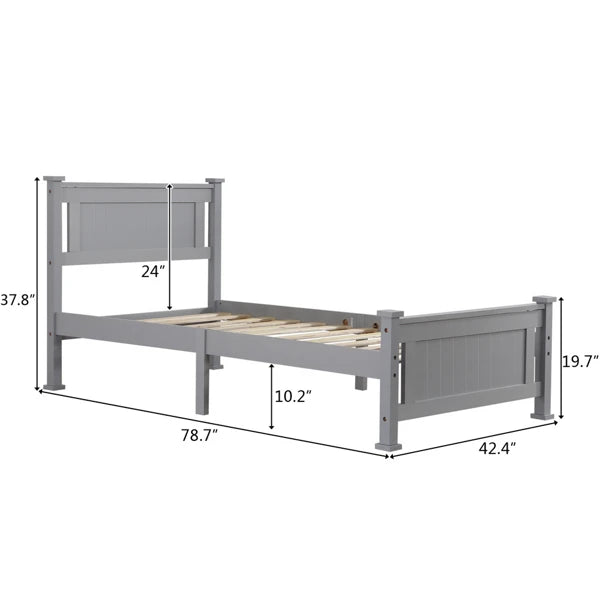 Solid Wood Bed Frame with Geometric Pattern Headboard – Available in Queen, Full, and Twin Sizes, Grey Finish, Easy Assembly, No Box Spring Needed