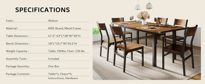 Modern Extendable Dining Table and 6 Chair Set for Dining Room, Living Room, and Kitchen