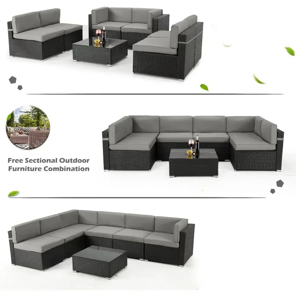 7-Piece Outdoor Patio Furniture Set – Modern Wicker Sectional Sofa with Glass Table