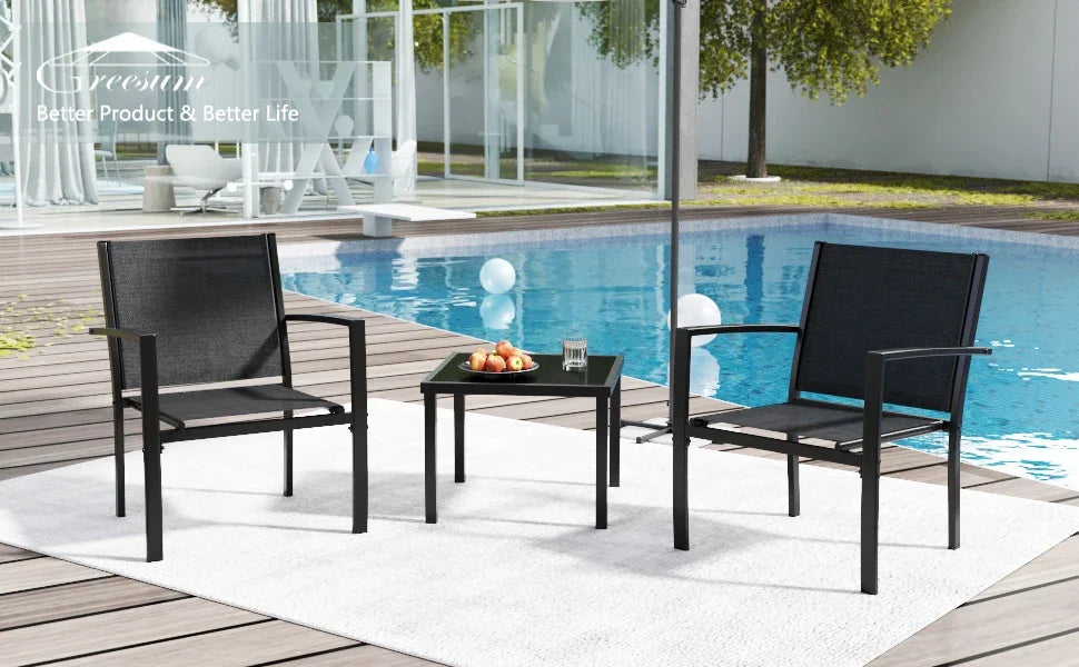 3-Piece Patio Furniture Set – 2 Chairs and Coffee Table, Outdoor Seating with Steel Frame and Textilene Cushions, Modern Black Design