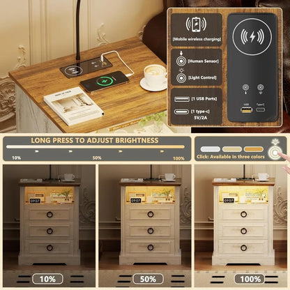 Modern Minimalist Nightstands with Charging Station and Flexible Reading Lamp