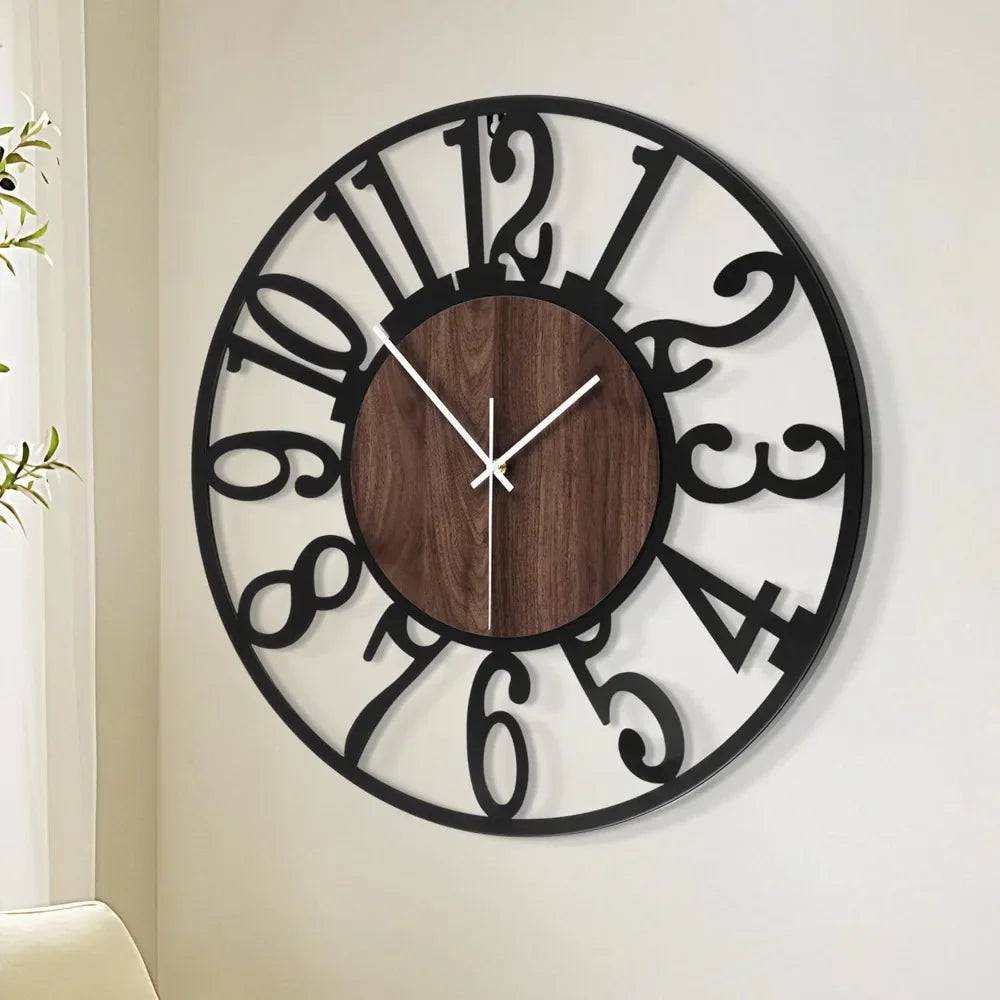 Round Black Metal Wood Wall Clock – 24-Inch Silent Decorative Clock