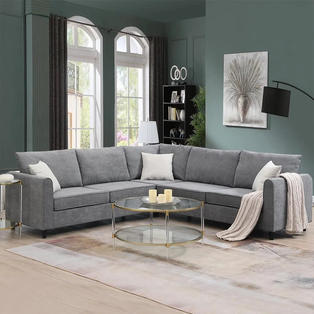 L-Shape Sectional Sofa for Living Room with 3 Pillows, 5-Seater Upholstered Modular Couch Set - Grey