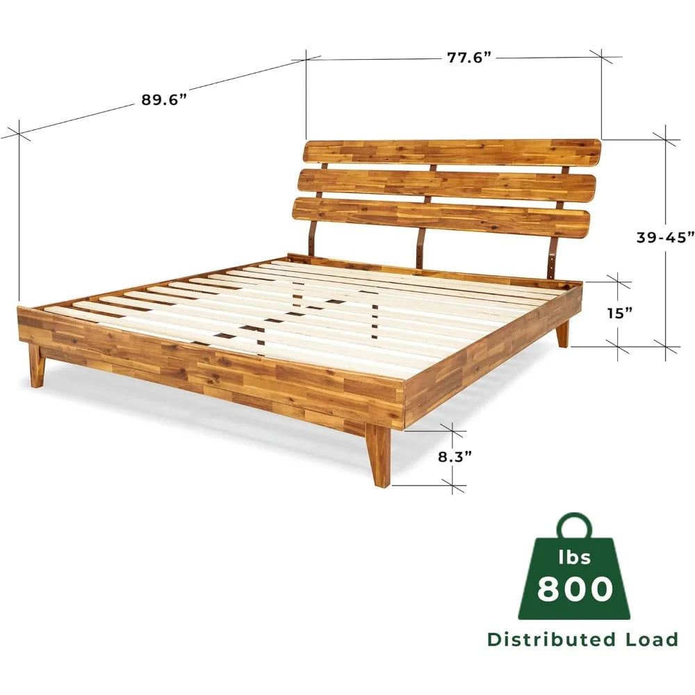 King Size Mid-Century Modern Bed Frame - Solid Wood Construction with Adjustable Headboard