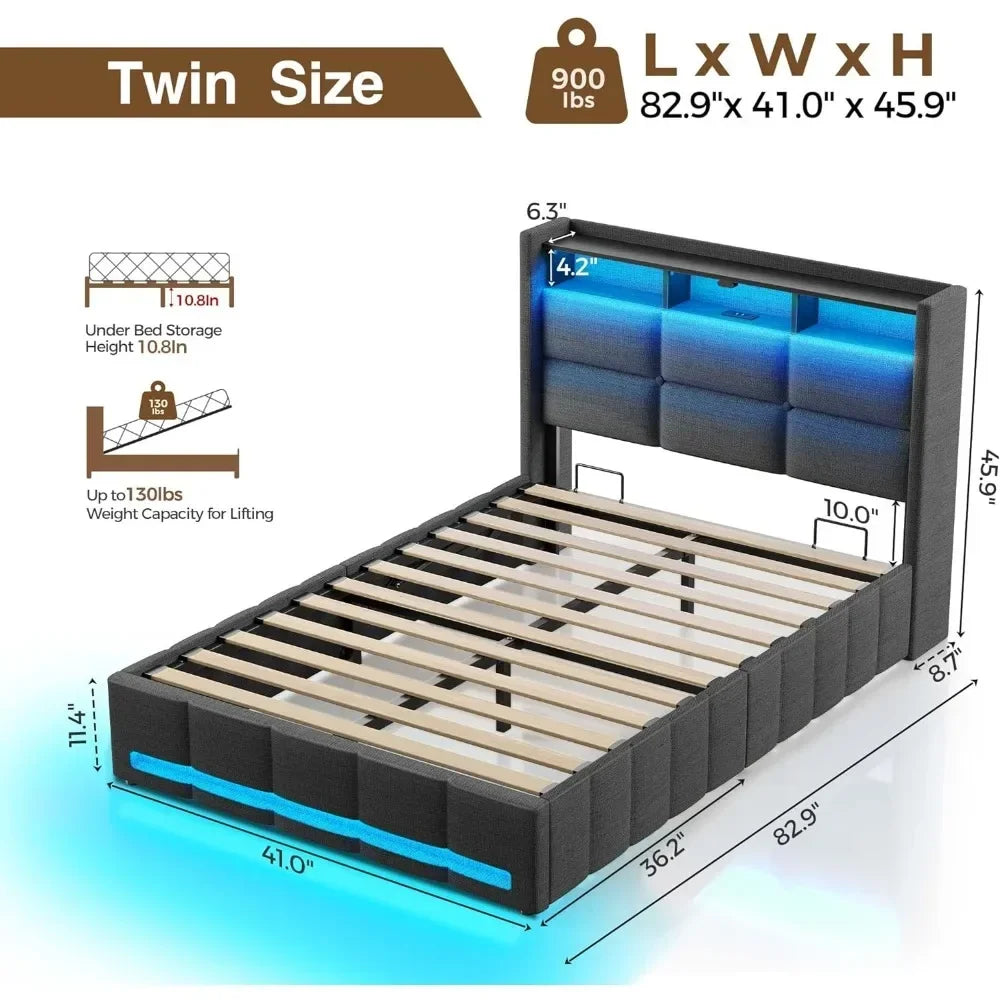 Full-Size Metal Platform Bed with Storage - LED Lights and USB Charging Station