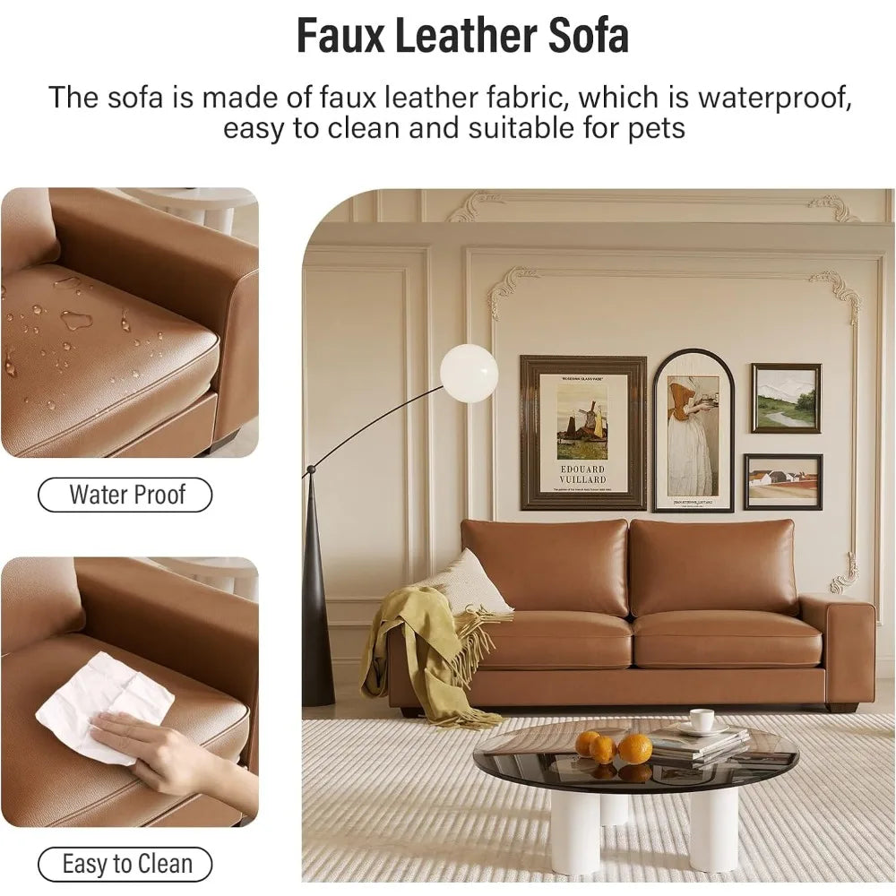 71" Faux Leather Loveseat Sofa – Modern Mid-Century Couch with Storage Pockets, Solid Wood Frame, and Removable Cushion Covers for Living Room, Office, or Bedroom