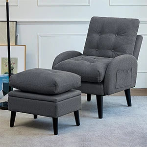 Grey Wingback Accent Chair with Ottoman, 5-Position Adjustable Backrest, Storage Ottoman, Solid Wood Frame, Modern Lounge Chair for Living Room, Office, or Bedroom
